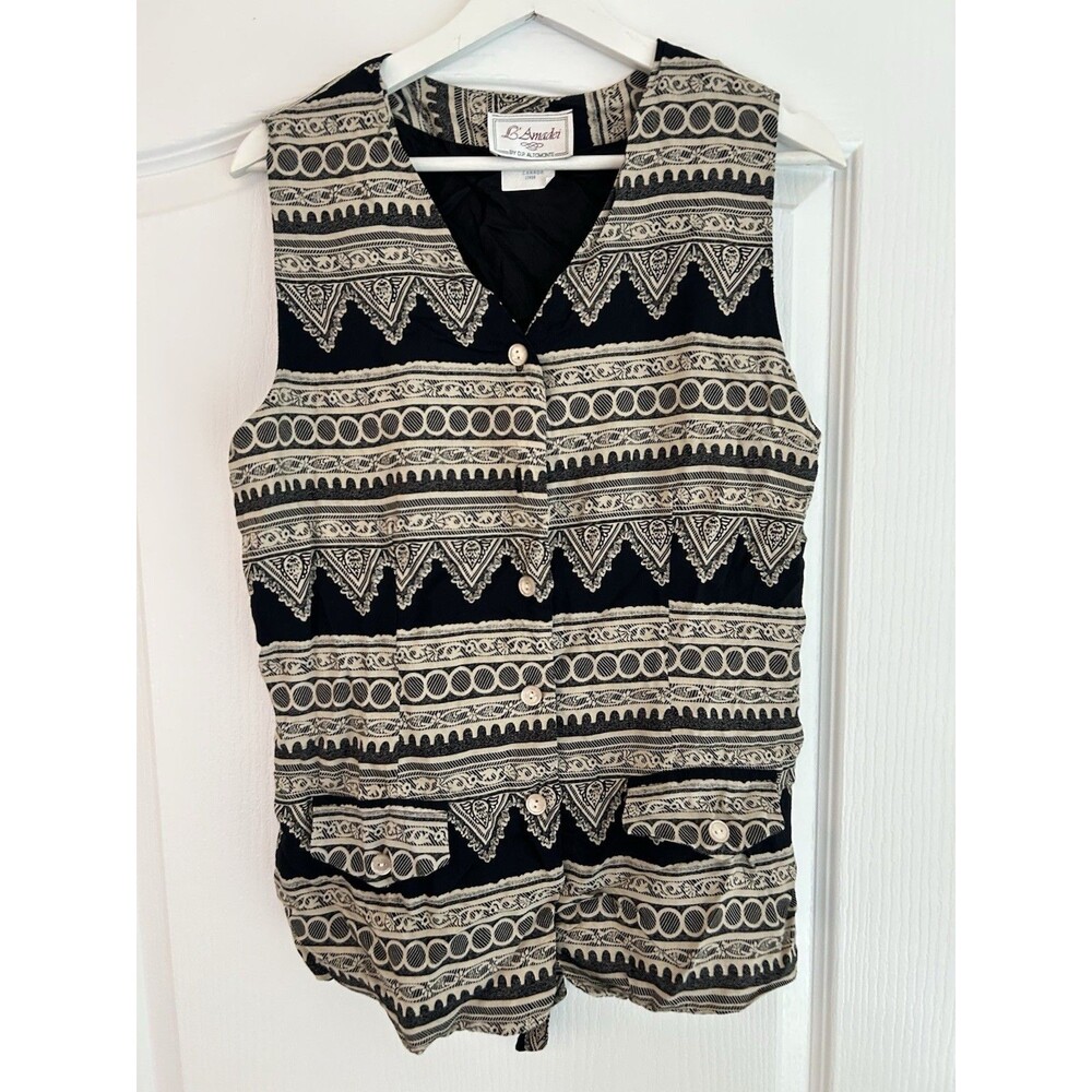 Vintage 90s Women American Gillet Vest Y2K Dark Academia Preppy Tribal Size 12